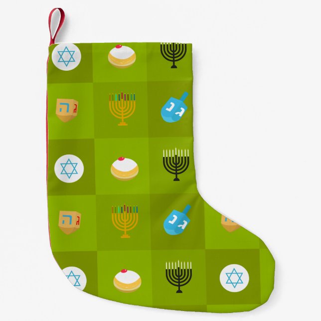 Meia De Natal Pequena hanukkah verde de bloco colorido (Frente)