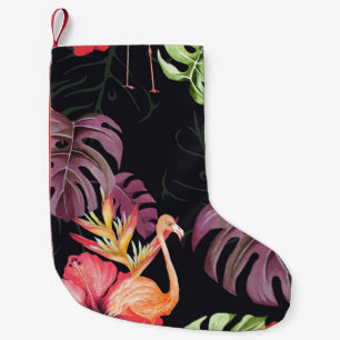 Meia De Natal Pequena Hibiscus, Flamingos, Padrão Tropical Watercolor.