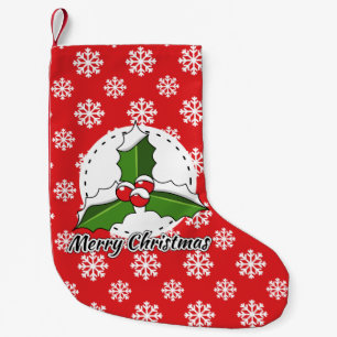 Meia De Natal Pequena Holly on Red White Snowflakes - Feliz Natal