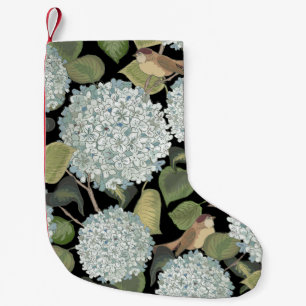 Meia De Natal Pequena Hortensia azul-clara, branca, com folhas verdes e