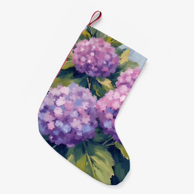 Meia De Natal Pequena Hortênsias Roxas Aquarela Floral (Frente (Pendurada))