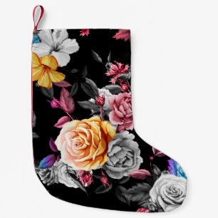 Meia De Natal Pequena Hummingbird, rosas: fundo negro de aquarela