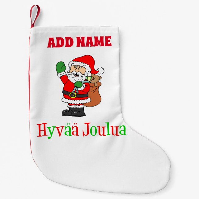 Meia De Natal Pequena Hyvaa Joulua Nome Personalizado Finlandês (Frente)