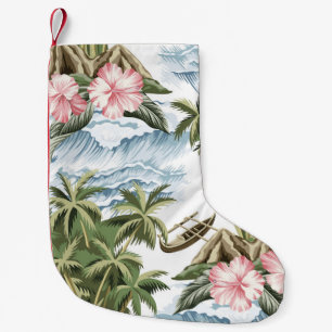 Meia De Natal Pequena Ilha de colheita havaiana, palmeira, barco, rosa 