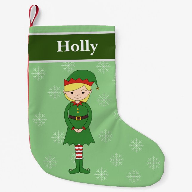Meia De Natal Pequena Ilusima Girl Elf Flocos de Natal Verde (Frente)