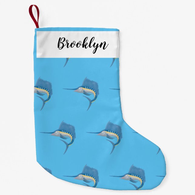 Meia De Natal Pequena Ilustração de desenho animado de peixe-espada (Frente)