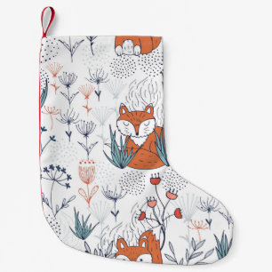 Meia De Natal Pequena Ilustração florestal do garoto, raposas e flores.