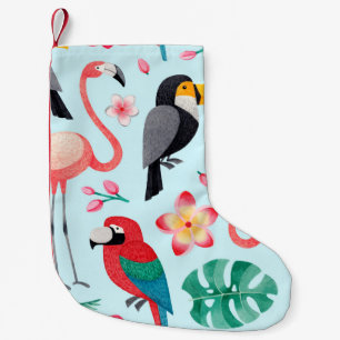 Meia De Natal Pequena Ilustrações em aquarela de aves, flores tropicais