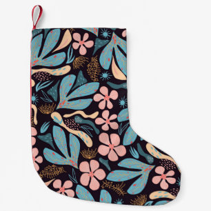 Meia De Natal Pequena Impressão Azul Coral Azul Floral Escuro