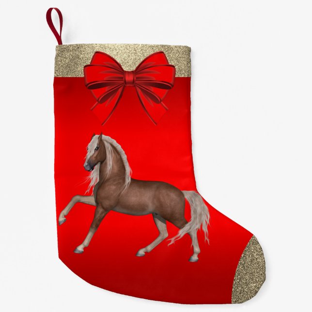 Meia De Natal Pequena Impressão De Cavalo De Palomino Ocidental Vermelho (Frente)