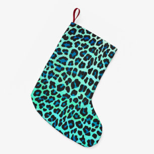 Meia De Natal Pequena Impressão de Leopardo Negro e Teal