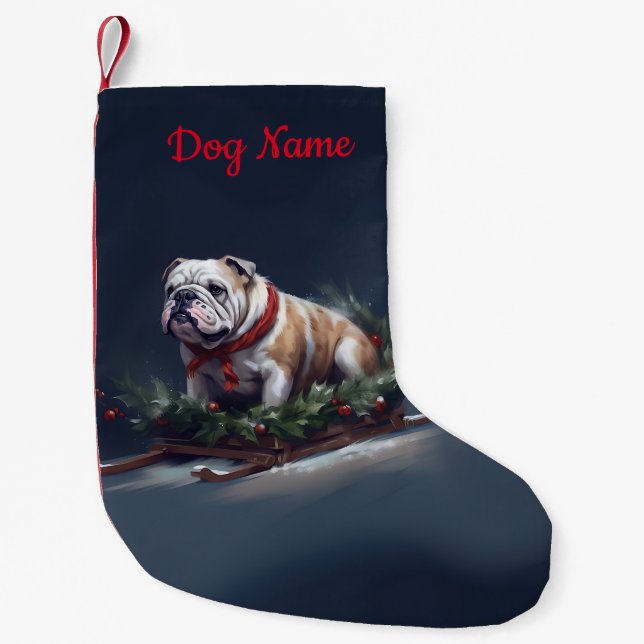 Meia De Natal Pequena Inverno de Natal Personalizado para Buldogue (Frente)