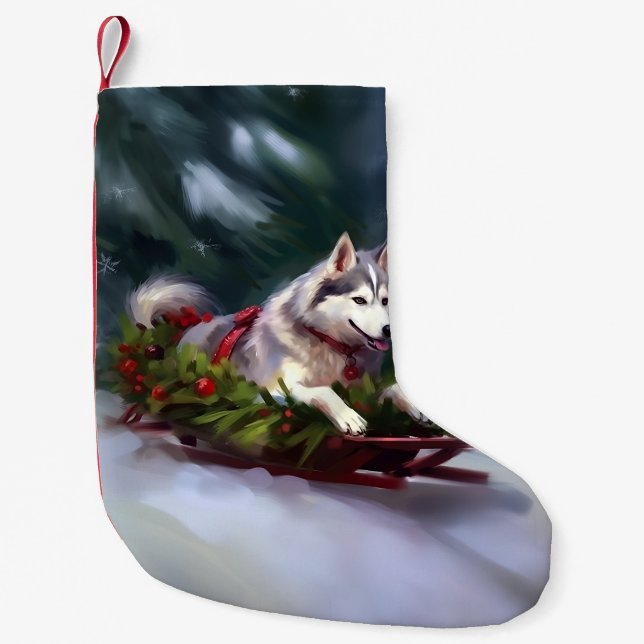 Meia De Natal Pequena Inverno de neve de Natal Siberian Husky (Frente)