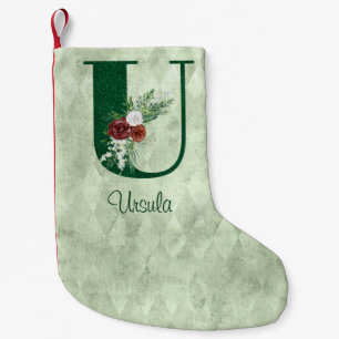 Meia De Natal Pequena Inverno Floral Ilustrado - Letra U Personalizada