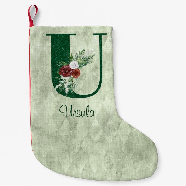 Meia De Natal Pequena Inverno Floral Ilustrado - Letra U Personalizada (Frente)
