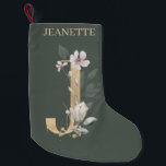 Meia De Natal Pequena J Monograma Floral Personalizado<br><div class="desc">Letra J monograma floral. A letra J,  de textura castanha ouro,  acentuada com folhas compostas de cor aquosa verde,  flores e pó de ouro. Personalizado com o nome na fonte correspondente.</div>