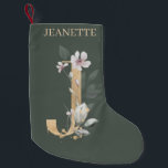 Meia De Natal Pequena J Monograma Floral Personalizado<br><div class="desc">Letra J monograma floral. A letra J,  de textura castanha ouro,  acentuada com folhas compostas de cor aquosa verde,  flores e pó de ouro. Personalizado com o nome na fonte correspondente.</div>