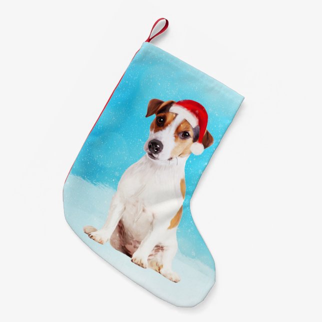 Meia De Natal Pequena jack russell Cachorro Sentado na neve com Santa Ha (Frente (Pendurada))