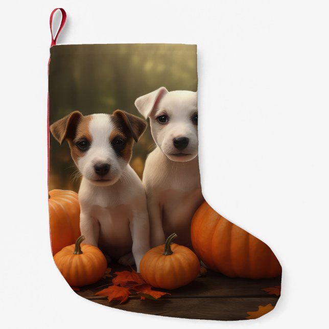 Meia De Natal Pequena Jack Russell Puppy Autumn Delight Pumpkin (Frente)