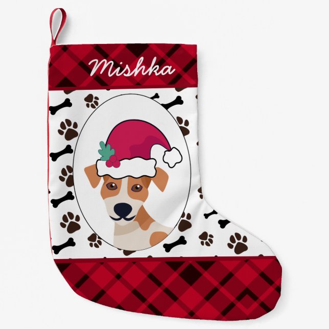 Meia De Natal Pequena Jack Russell Terrier Christmas, nome personalizado (Frente)