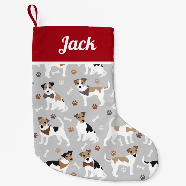 Meia De Natal Pequena Jack Russell Terrier Paws e Ossos (Frente)
