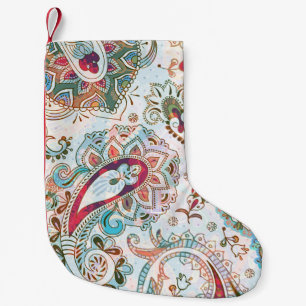 Meia De Natal Pequena Jacobean Ethnic Floral Patterno