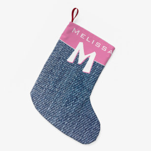 Meia De Natal Pequena Jeans cor-de-rosa azul moderno Denim Monogramas