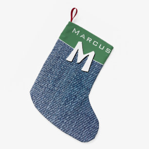 Meia De Natal Pequena Jeans de Denim Azul Moderno Monogramas