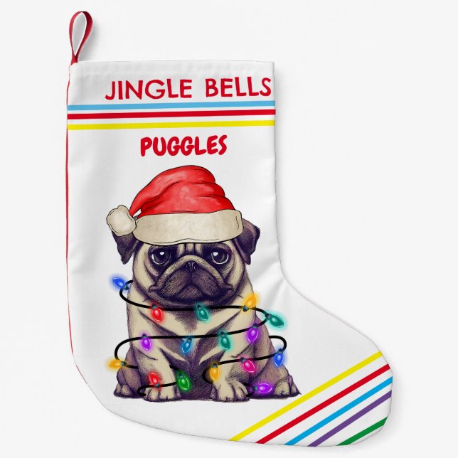 Meia De Natal Pequena JINGLE BELLS PUG Christmas Stocking com nome. (Frente)