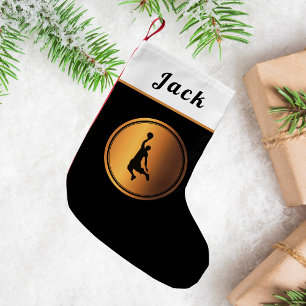 Meia De Natal Pequena Jogador Dourado de basquetebol simples e elegante