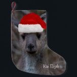 Meia De Natal Pequena Kangaroo Austrália Animal Red Santa Hat<br><div class="desc">Quem não ama esse bicho australiano icônico? Torne todo o Natal de sua família e amigos muito mais feliz com este cartão de saudação único com uma foto próxima de uma Cinza ocidental Kangaroo Joey. Para a ocasião, ele está vestido com um chapéu vermelho de Papai Noel! Personalize-o com seu...</div>