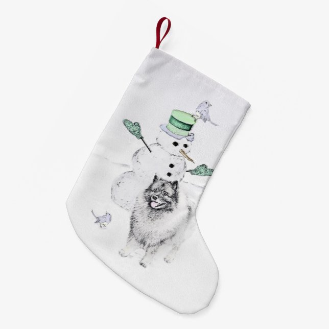 Meia De Natal Pequena Keeshond Christmas Snowman Pinting Art (Frente (Pendurada))