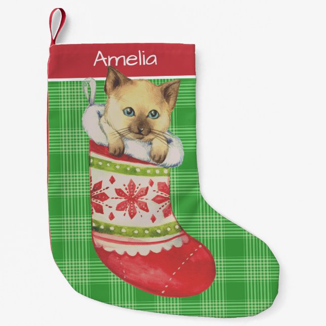 Meia De Natal Pequena Kitten in Festive Stocking Art Personalised (Frente)