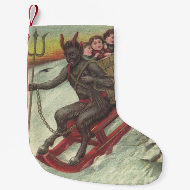Meia De Natal Pequena Krampus Sequestrando Crianças Dormindo Tridente (Frente)