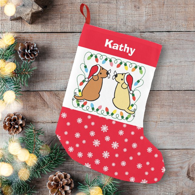 Meia De Natal Pequena Labrador Amarelo e Fox Red Labrador Santas (Personalized Yellow Labrador and Fox Red Labrador Santas Christmas Stocking for Labrador Owners.)
