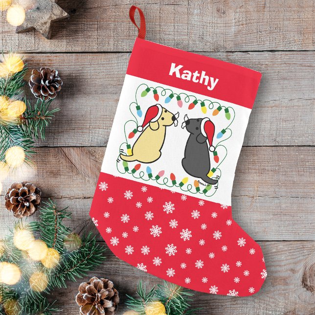 Meia De Natal Pequena Labrador Amarelo e Labrador Negro Santas (Personalized Yellow Labrador and Black Labrador Santas Christmas Stocking for Labrador Owners.)