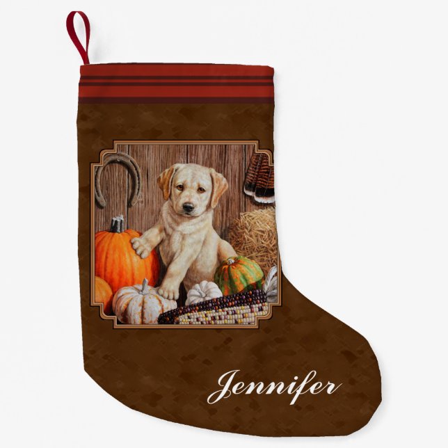 Meia De Natal Pequena Labrador Retriever Dog & Pumpkins Brown (Frente)