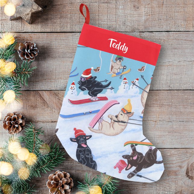 Meia De Natal Pequena Labradores personalizados de esqui de inverno dive (Personalized Winter Fun Christmas Skiing Labradors Design Christmas Stocking for Labrador Owners.)