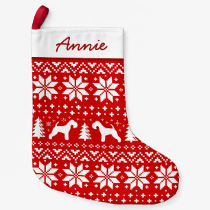 Meia De Natal Pequena Lakeland Terrier Silhouettes Padrão Vermelho e Bra