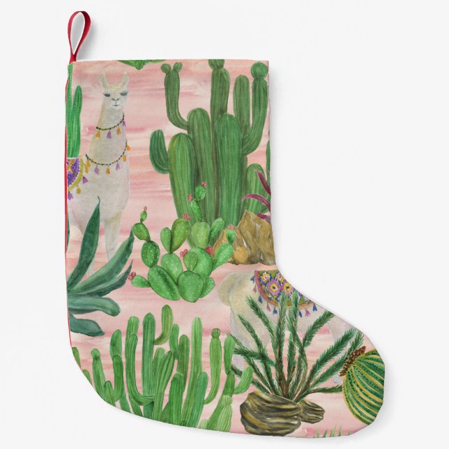 Meia De Natal Pequena Lamas de aquarelas e cactos. (Frente)