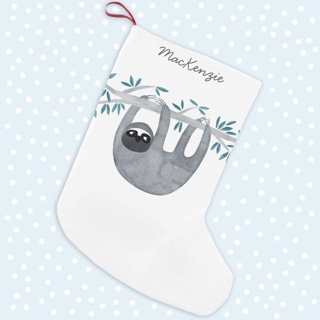 Meia De Natal Pequena Largura de Boca Personalizada (Cute watercolor sloth art personalized modern script name Christmas stocking)