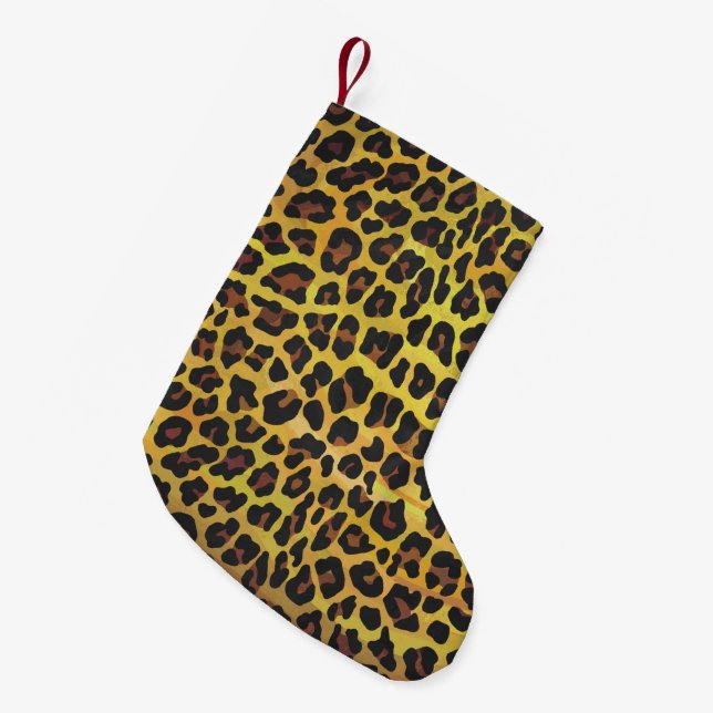 Meia De Natal Pequena Leopardo Castanho e Impressão Amarelo (Frente (Pendurada))