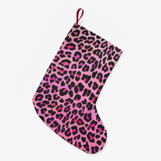 Meia De Natal Pequena Leopardo, Impressão preto e rosa quente (Frente (Pendurada))