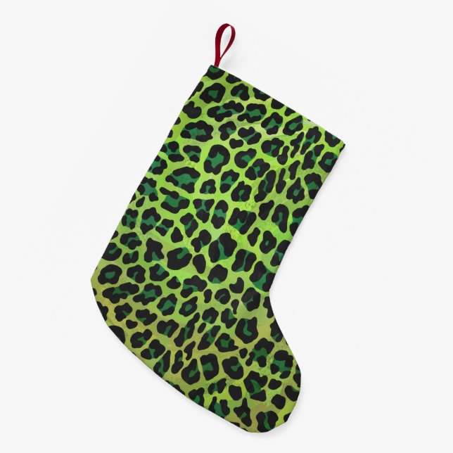 Meia De Natal Pequena Leopardo Negro e Impressão Verde (Frente (Pendurada))