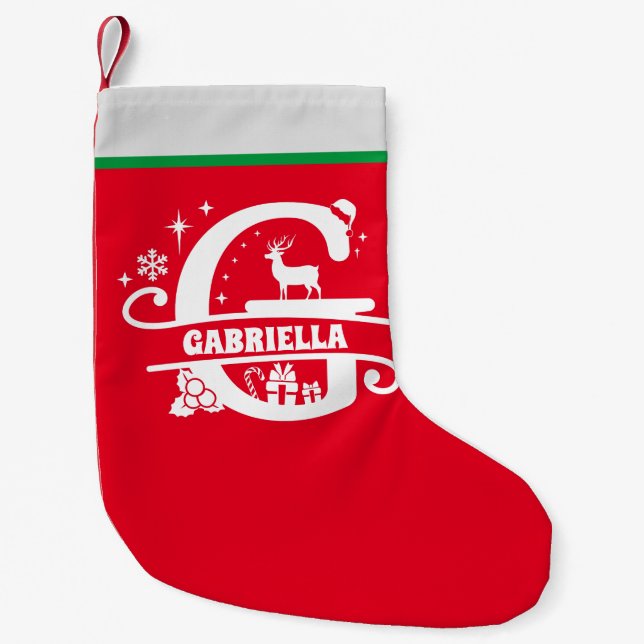 Meia De Natal Pequena Letra G Monograma de Natal Nome Inicial Branco Ver (Frente)