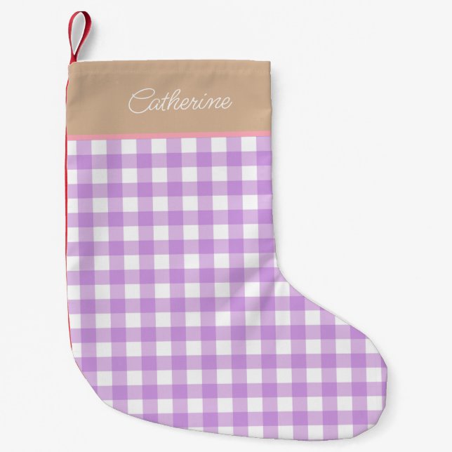 Meia De Natal Pequena Lilac Beige Personalizado Gingham (Frente)