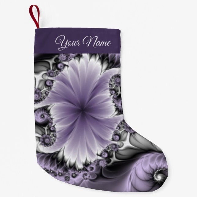 Meia De Natal Pequena Lilac Illusion Abstrato Floral Fractal Art Name (Frente)
