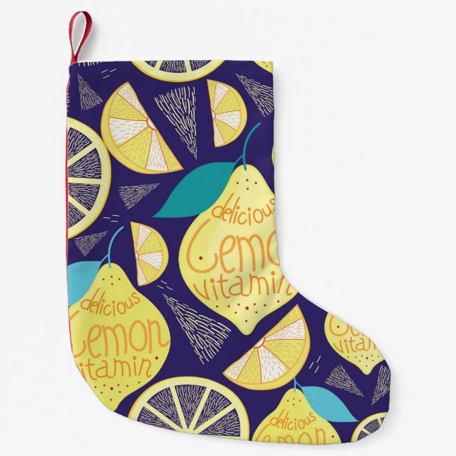 Meia De Natal Pequena Limões: Padrão Brilhante Azul Escuro (Frente)