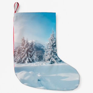 Meia De Natal Pequena Linda paisagem natural de inverno, incrível montan