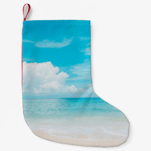Meia De Natal Pequena Linda praia tropical com céu azul e branco c
